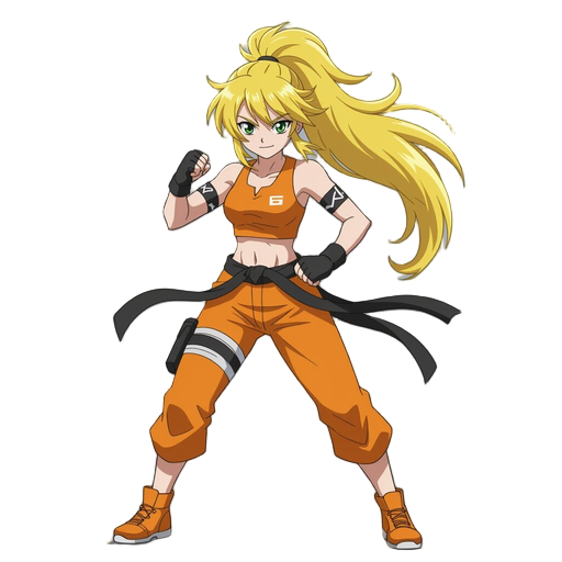 jovem lutadora de anime em postura de ataque. cabelo amarelo espetado e cachecol longo esvoaçante. veste traje atlético laranja (top cropped e calças folgadas) com faixas pretas e brancas nos braços e tênis laranjas. exibe um sorriso confiante e enérgico,