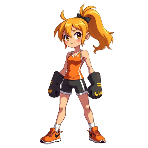 jovem lutadora de anime em postura de ataque. cabelo amarelo espetado e cachecol longo esvoaçante. veste traje atlético laranja (top cropped e calças folgadas) com luvas pretas e faixas brancas nos braços e tênis laranjas. exibe um sorriso confiante e ené