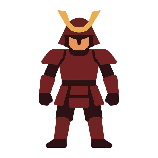 2d samurai character in flat minimalist style, side view. strong and readable silhouette. simple kabuto helmet with a v-shaped crest, broad shoulders, narrow waist. body made of simple geometric shapes (rectangles and cylinders). no fine details, no textu