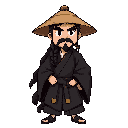 old, black long tied haired male samurai that wearing black kimono and straw hat, full body 