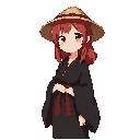 old, red haired female waifu that wearing black kimono and straw hat, full body 