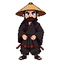 old, black long tied haired male samurai that wearing black kimono and straw hat, he has red katana on his waist , full body 