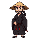 old, black long tied haired male waifu that wearing black kimono and straw hat, he has red katana on his waist , full body 