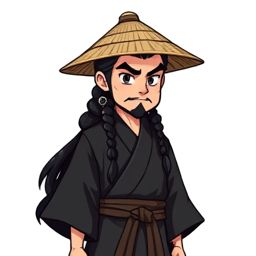 old, black long tied haired male samurai that wearing black kimono and straw hat. 