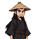 old, black long tied haired male samurai that wearing black kimono and straw hat. 
