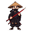 old, black long tied haired male samurai that wearing black kimono and straw hat, he has red katana, full body 
