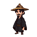 old, black long tied haired male samurai that wearing black kimono and straw hat. 