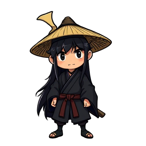 old, black long haired samurai that wearing black kimono and straw hat. 