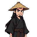 old, black long tied haired male samurai that wearing black kimono and straw hat. 
