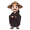 old, black long tied haired male waifu that wearing black kimono and straw hat, full body 