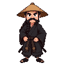 old, black long tied haired male samurai that wearing black kimono and straw hat, he has katana on his waist , full body 