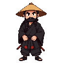 old, black long tied haired male samurai that wearing black kimono and straw hat, he has red katana on his waist , full body 