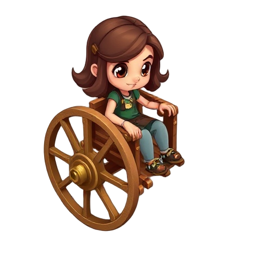 top-down 2d game character sprite. young brazilian girl named matilia in a wooden wheelchair with large wooden wheels and brass gears. brown wavy shoulder-length hair, gear-shaped eyes, warm skin, cute ghibli-like style, full body, facing slightly down.