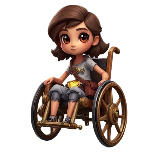full-body 2d game character, front view. young brazilian girl in a wooden wheelchair with large wheels and brass gears. brown wavy shoulder-length hair, warm skin, big anime eyes with bronze gear-shaped irises. small glowing mechanical heart emblem on her
