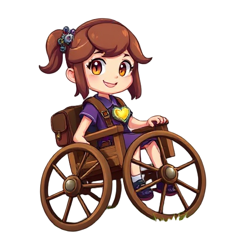 anime-style illustration of a smiling brown-haired girl with gear-shaped eyes, sitting in a wooden wheelchair with large spoked wheels on a grassy hill. she wears a purple dress, x-shaped brown satchel straps, a glowing mechanical heart emblem and a side 