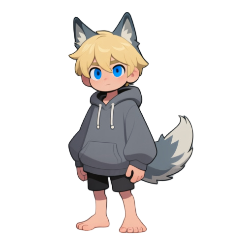 1boy, blonde hair, blue eyes, wolf ears, wolf tail, oversized hoodie, barefoot,