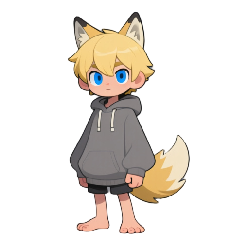 1boy, blonde hair, blue eyes, blonde wolf ears, blonde wolf tail, oversized hoodie, barefoot,