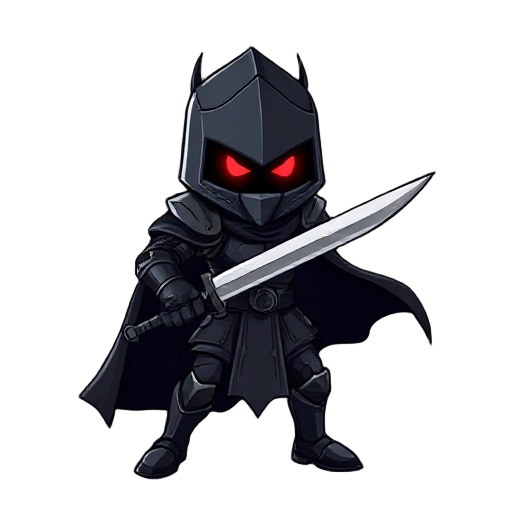  create a dark knight with a sword, with only the armor and two glowing red eyes visible, and create him in attack, stand, and jump poses.