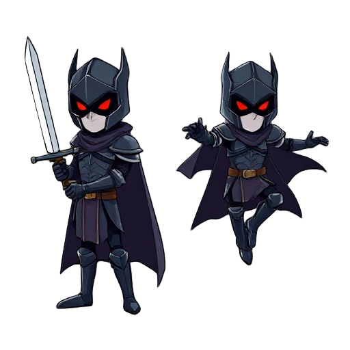  create a dark knight with a sword, with only the armor and two glowing red eyes visible, and create him in attack, normal, and jump poses.