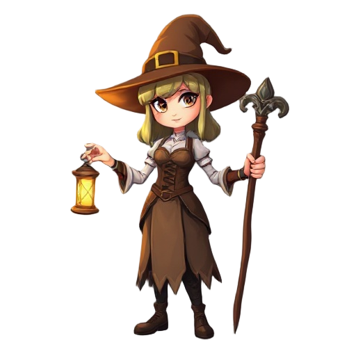  female mage in a brown hat and corset dress, holding a glowing lantern and staff.