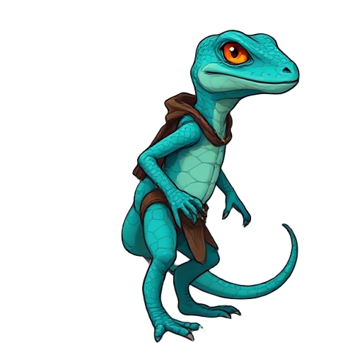 fantasy character design, full body, side view (profile).  anthropomorphic lizard adventurer based on the reference image: turquoise-blue scaled skin with subtle color variations, visible reptilian scale texture, slim athletic humanoid proportions. reptil