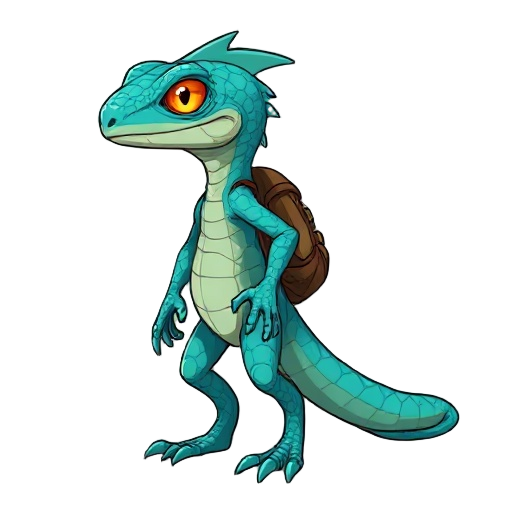 fantasy character design, full body, side view (profile).  anthropomorphic lizard adventurer based on the reference image: turquoise-blue scaled skin with subtle color variations, visible reptilian scale texture, slim athletic humanoid proportions. reptil