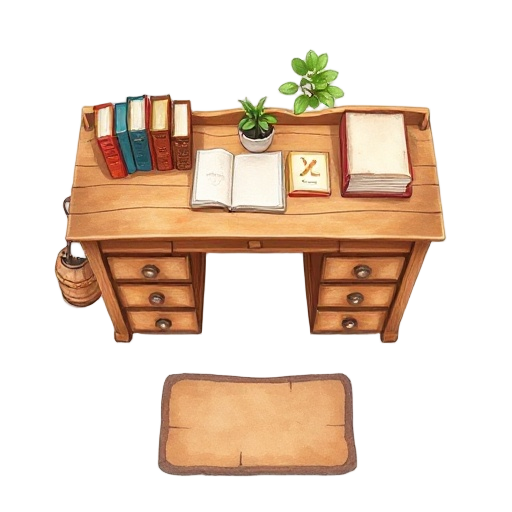 make a image, cozy fantasy wooden desk with drawers and scattered books, small potted plant on top, painterly anime illustration, clean lineart, watercolor shading, white background, warm atmosphere. top down camera rpg pov
