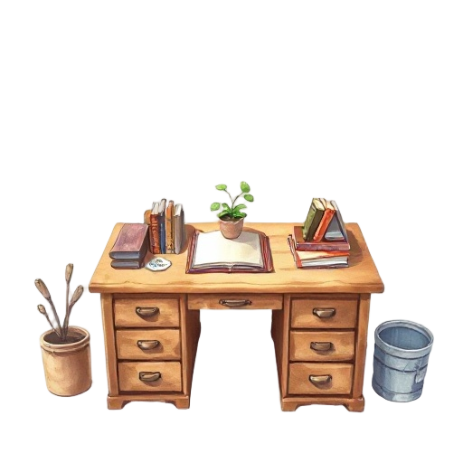 make a image, cozy fantasy wooden desk with drawers and scattered books, small potted plant on top, painterly anime illustration, clean lineart, watercolor shading, white background, warm atmosphere. top down camera rpg pov