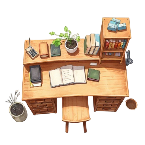 make a image, cozy fantasy wooden desk with drawers and scattered books, small potted plant on top, painterly anime illustration, clean lineart, watercolor shading, white background, warm atmosphere. top down camera rpg pov