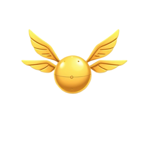2d game asset of a golden flying snitch, inspired by the harry potter universe, clean cartoon style, simple shapes, high contrast, shiny metallic gold body, small engraved details, symmetrical wings with soft curves, minimal feather detail, front-facing v