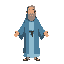 illustration of a calm male figure resembling a biblical monk or noah. long robe, modest simple clothing, peaceful posture for dialogue. soft blue and light cyan color palette, serene and wise expression, minimal details, clean shapes, plain background.
