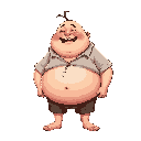 extremely fat kid with a too tight shirt, he is small and his belly come out of his shirt, he has saliva spilling down his mouth , he is cute and bench backward because of the weight of his belly, he has very weak legs but very fat face arms and belly he 