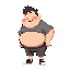 extremely fat kid with a too tight shirt, he is small and his belly come out of his shirt, he has saliva spilling down his mouth , he is cute and bench backward because of the weight of his belly