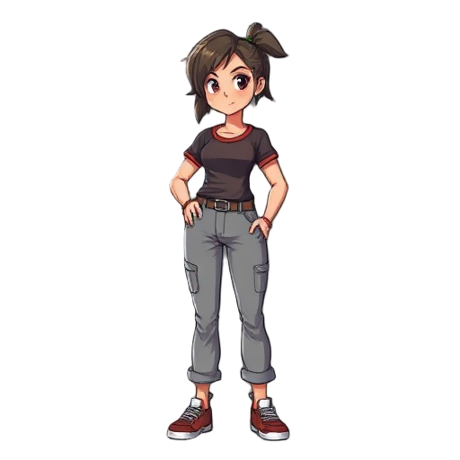 a strong tomboy female with a pants and with a shirt