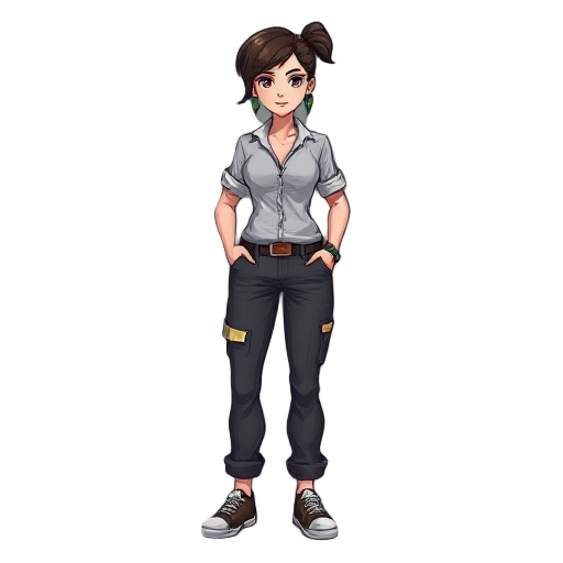 a strong tomboy female with a pants and with a shirt and hands in pocket