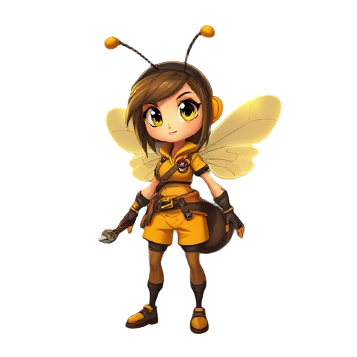 anthropomorphic worker bee character, feminine, small and agile body, expressive eyes, delicate antennae, translucent wings glowing in warm light. wears simple hive-inspired work outfit in yellow and black, carries pollen tools, fantasy style, detailed ch