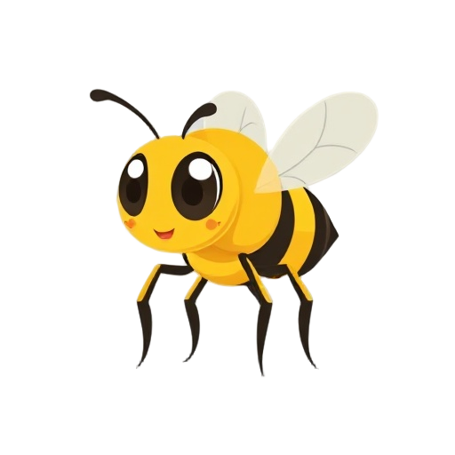 vector illustration of a worker bee character, fully insect-like, not human or humanoid. clean geometric shapes, smooth lines, flat colors, yellow and black palette. six legs, large compound eyes, delicate antennae, translucent wings. simple, cute, scalab