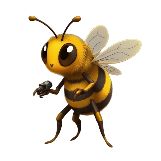 worker bee character, fully insect-like, not human or humanoid. small striped body, six legs, detailed chitin texture, large compound eyes, delicate antennae, translucent wings. wearing minimal hive tools only. fantasy style, high detail, warm lighting, c
