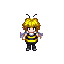  anthropomorphic bee character, non-human, cute and stylized. yellow messy hair, purple eyes, black antennae, fluffy white collar, yellow and black striped body, translucent wings. flying idle pose, legs bent, arms slightly away from body, retro game styl