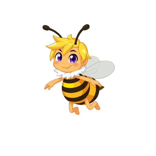  anthropomorphic bee character, non-human, cute and stylized. yellow messy hair, purple eyes, black antennae, fluffy white collar, yellow and black striped body, translucent wings. flying idle pose, legs bent, arms slightly away from body, retro game styl