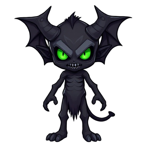 quiero que crees una criatura de oscuridad con cuernos y ojos verdes, con el fondo transparente y que tenga una figura medio demoniaca pero que este todo echo de oscuridad