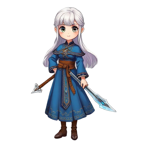 traditional russian girl in blue dress, with white hair, carrying magical weapon
