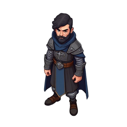 personagem rpg clerico isométrico o personagem veste armadura de malha pesada em tons escuros de ferro ou aço enegrecido, coberta por um manto(azul meia-noite ou preto) que cai sobre os ombros e costas. ele não usa capuz. o clérigo tem cabelo volumoso, em
