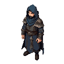personagem rpg clerico isométrico o personagem veste armadura de malha pesada em tons escuros de ferro ou aço enegrecido, coberta por um manto(azul meia-noite ou preto) que cai sobre os ombros e costas. ele não usa capuz. o clérigo tem cabelo volumoso, em