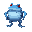 a giant, fat blue frog. it stands on its hind legs and has red eyes. it has black stripes on its body. it has a mean-looking face.