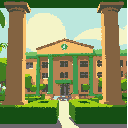 federal institute of pernambuco school, pillars painted green, square green bushes, round sun shining in the background.show the school from the side, not from the front.