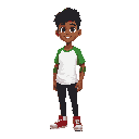 a student at a federal institute in pernambuco, he wears a white shirt with green sleeves, black pants, and red athletic shoes. he has brown skin, black hair, and brown eyes.