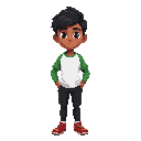 a student at a federal institute in pernambuco, he wears a white shirt with green sleeves, black pants, and red athletic shoes. he has brown skin, black hair, and brown eyes.