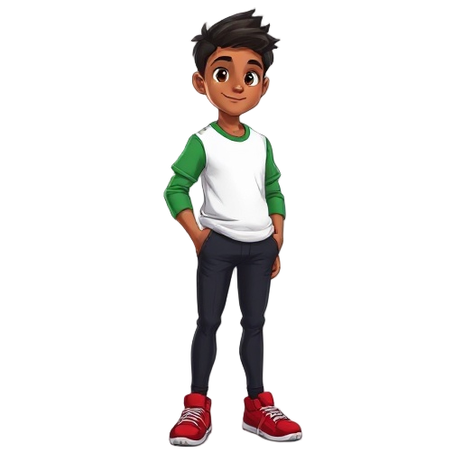 a student at a federal institute in pernambuco, he wears a white shirt with green sleeves, black pants, and red athletic shoes. he has brown skin, black hair, and brown eyes.