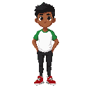 a student at a federal institute in pernambuco, he wears a white shirt with green sleeves, black pants, and red athletic shoes. he has brown skin, black hair, and brown eyes.